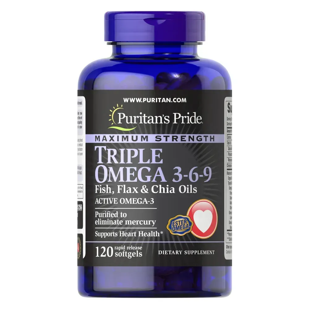 Puritans Pride Maximum Strenght Triple Omega 3-6-9 Fish Flax and chia Oils - 120soft