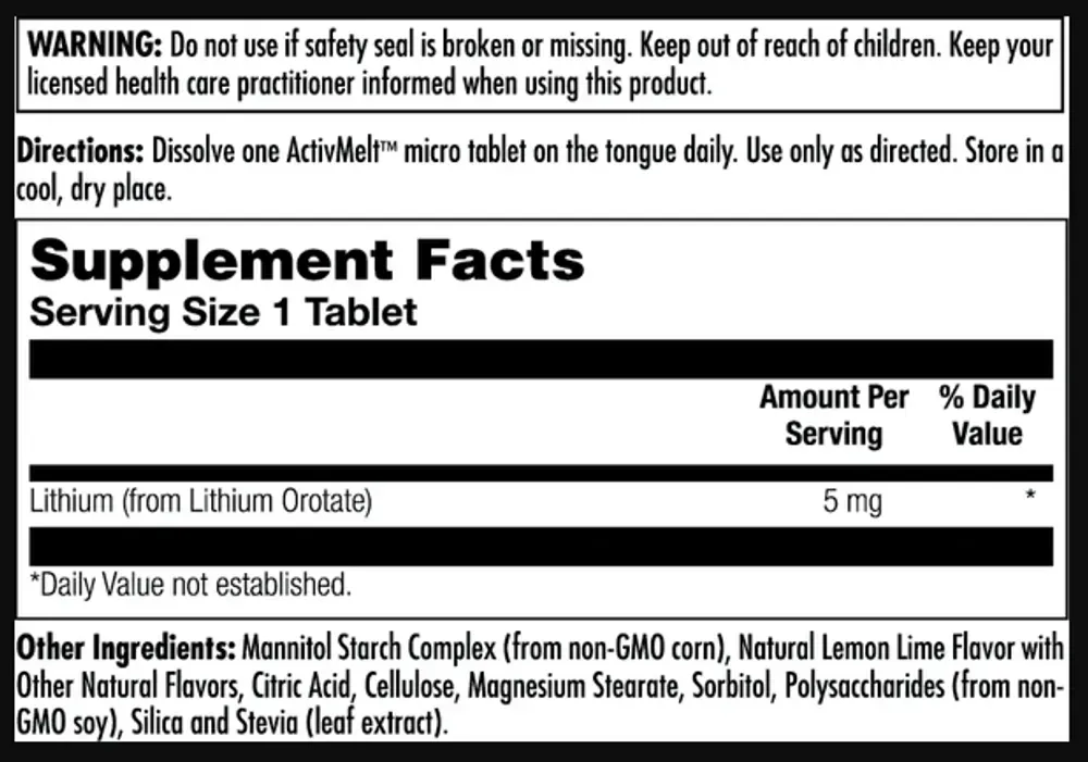 Lithium Orotate 5mg - 90 tabs Lemon Lime