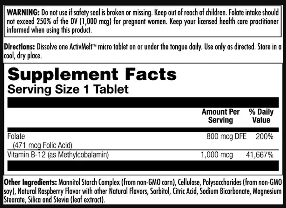 Folic Acid Methyl B-12 800mcg - 60 tabs Raspberry
