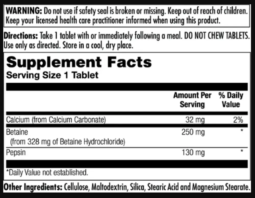 Betaine HCl Plus 250mg - 100 tabs