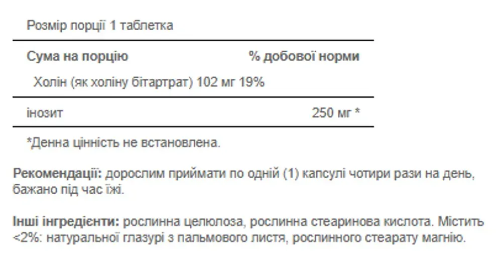 Choline Bitartate Inositol 102mg/250mg - 100 caps