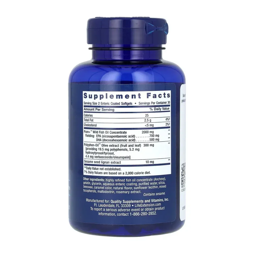 Super Omega-3 EPA/DHA Fish Oil Sesame Lignans & Olive Extract Enteric Coated - 60 softgels