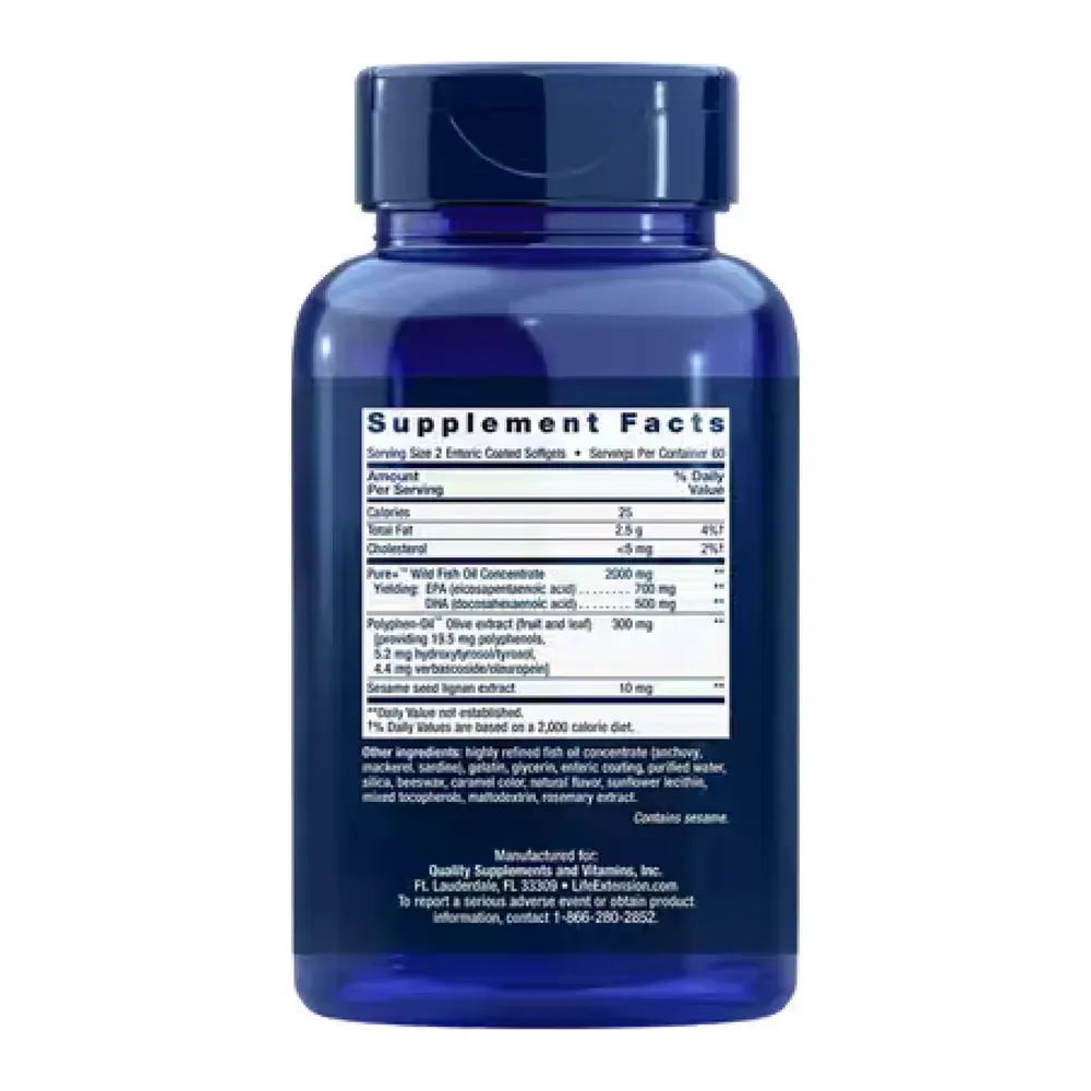 Life Extension Super Omega-3 EPA/DHA Fish Oil, Sesame Lignans & Olive Extract - 120 Enteric coated softgels, фото 2
