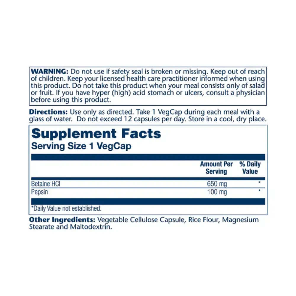 High Potency Betaine HCl with Pepsin 650mg - 250 veg caps