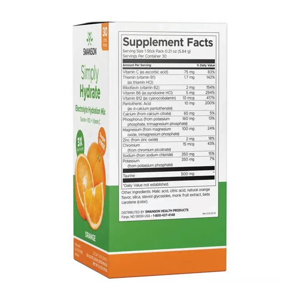 Swanson Simply Hydrate Electrolyte Hydration Mix - 30 packs Orange, Апельсин, фото 2