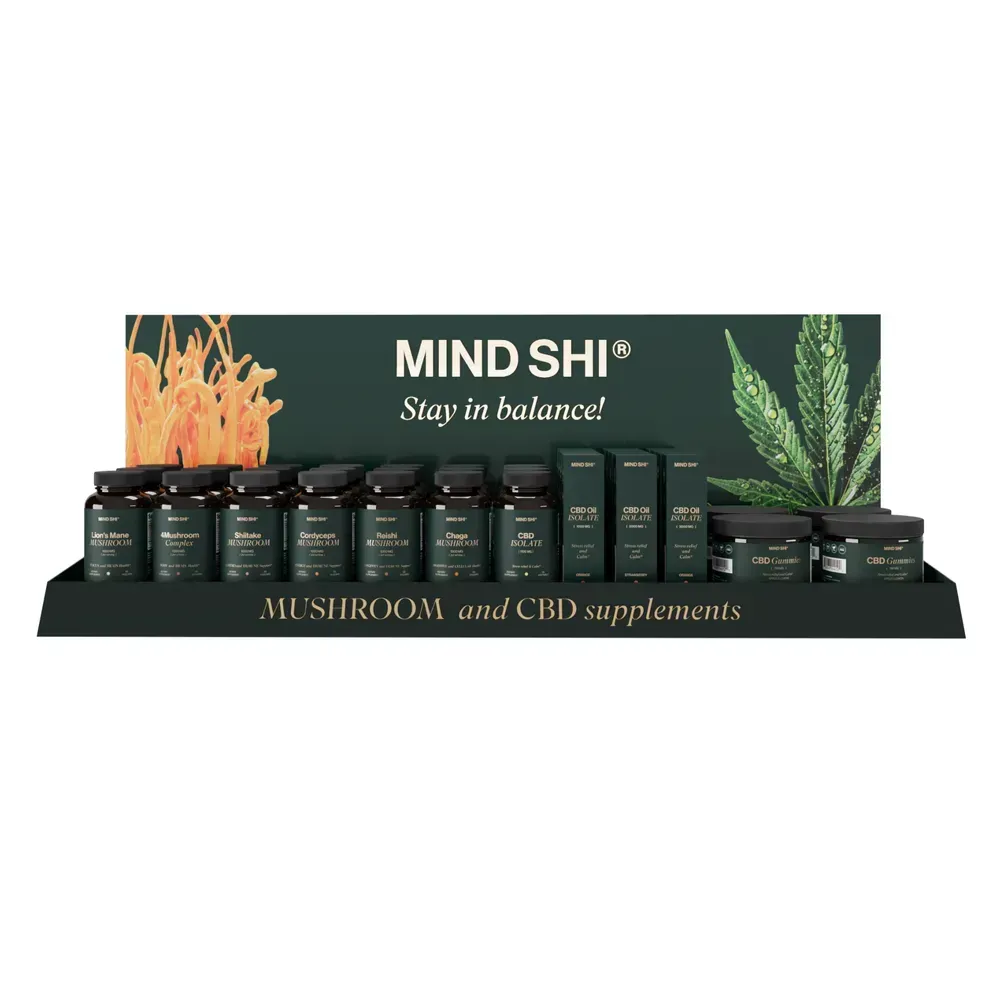 Mind Shi Display Stand Mushroom and CBD supplements