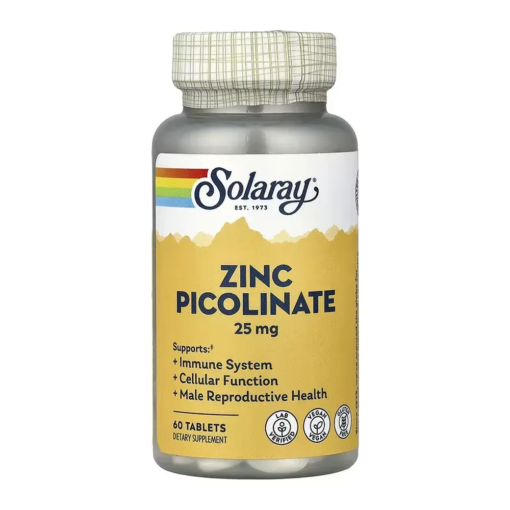 Solaray Zinc Picolinate — цинк 25 мг, 60 таблеток — упаковка